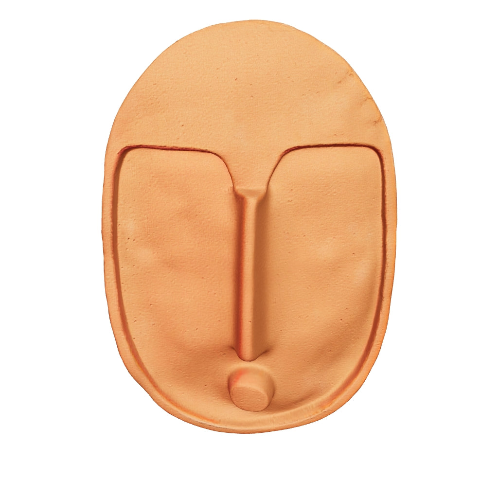 3D model of the terracotta ceramic wall mask, about 11 x 7.5 in, drag to rotate; the back is shown plain (simplified)