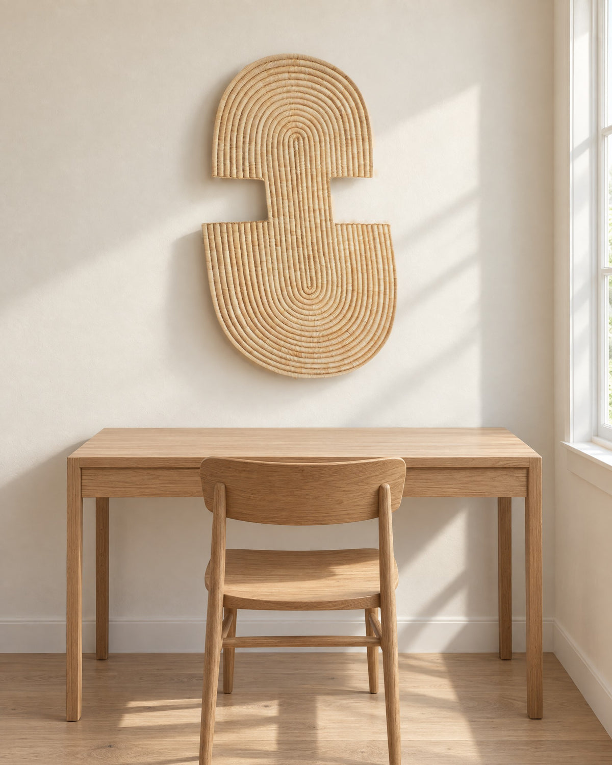 Abstract Wall Mask 2 hung on a warm white wall above a plain oak desk and chair