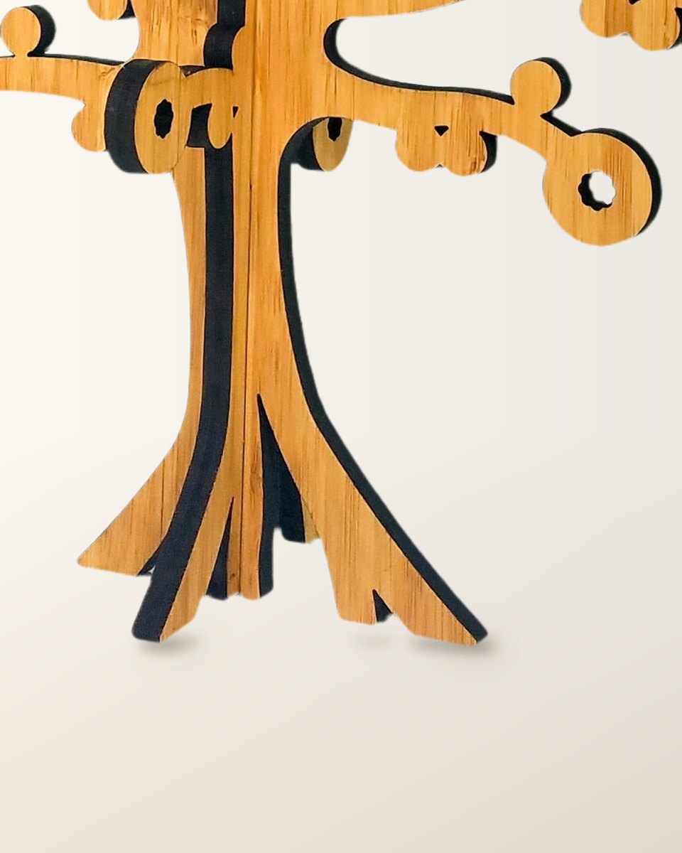 Close-up of the menorah's base, where the bamboo cross piece slots through the trunk