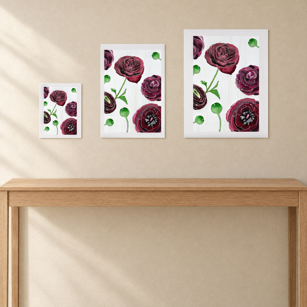 The three unframed print sizes side by side for scale: 8.5 × 11, 13 × 19 and 17 × 22 in; one print per order