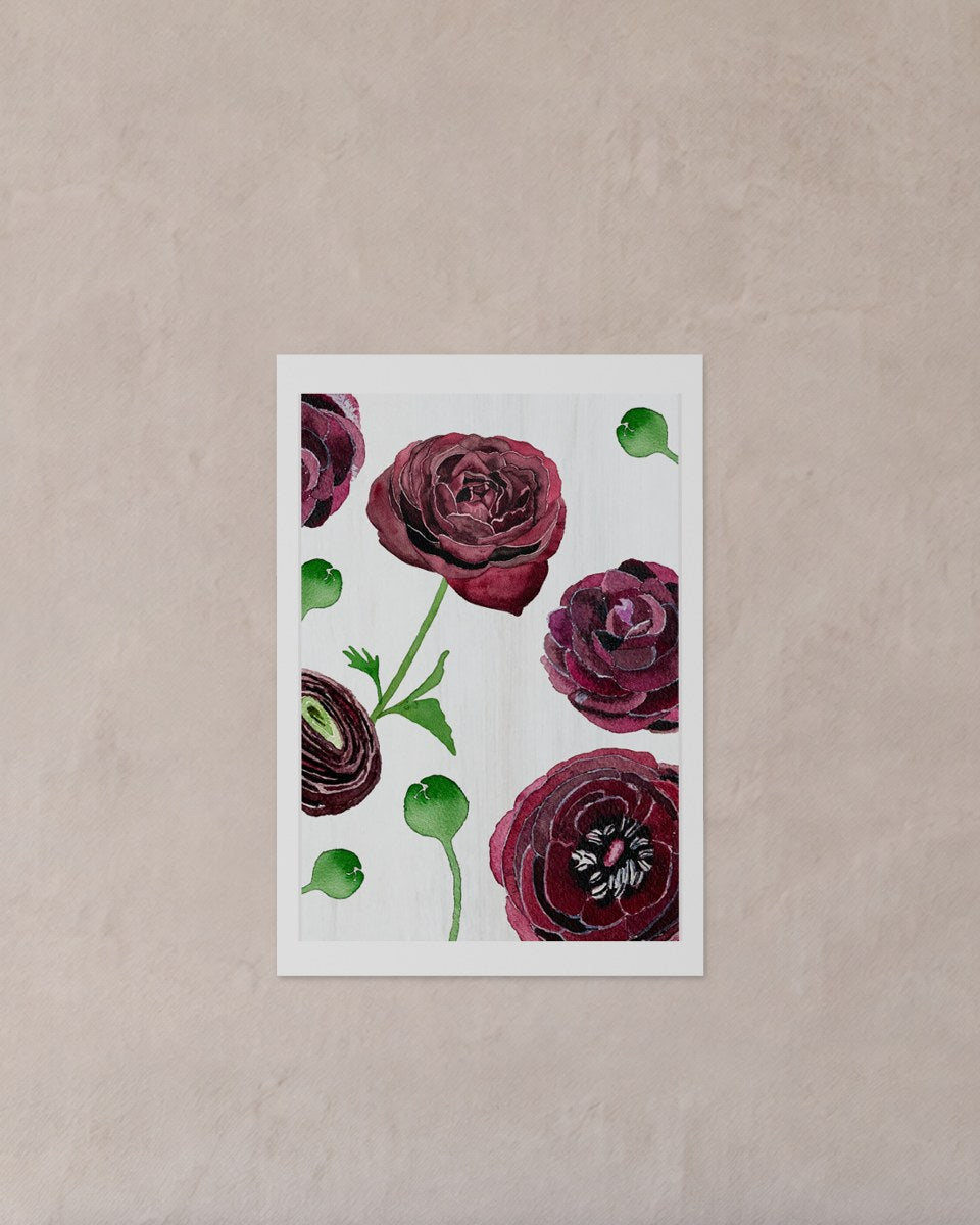 The whole unframed Black Ranunculus on Snow print with its white border, flat against a plaster wall