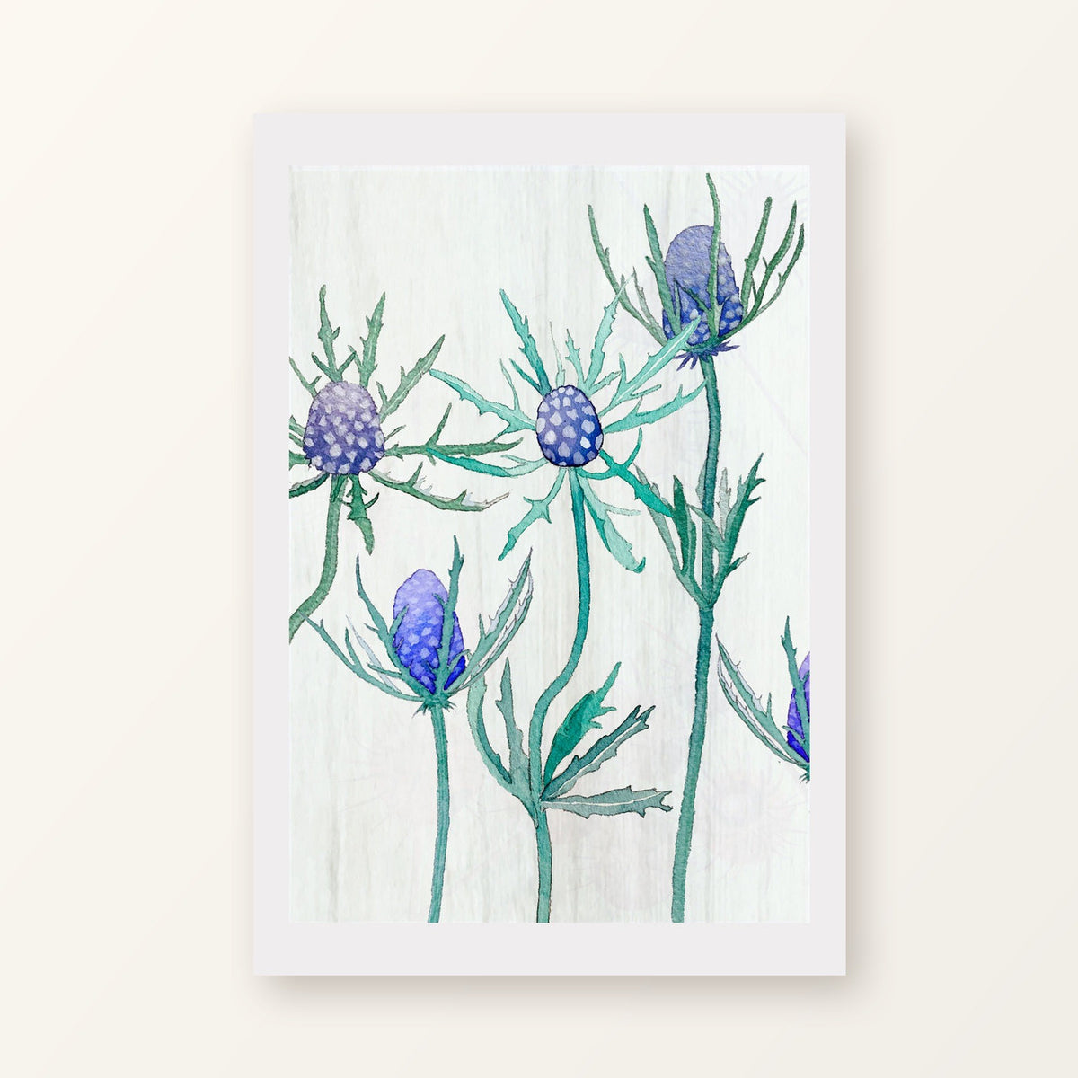 Purple Thistle on Snow unframed art print with a white border, shown flat on a plain background