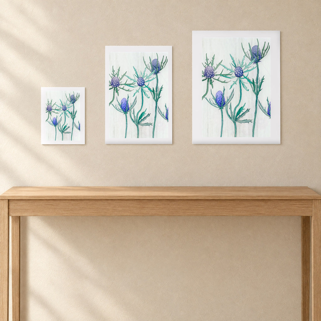The three unframed print sizes side by side for scale: 8.5 × 11, 13 × 19 and 17 × 22 in; one print per order