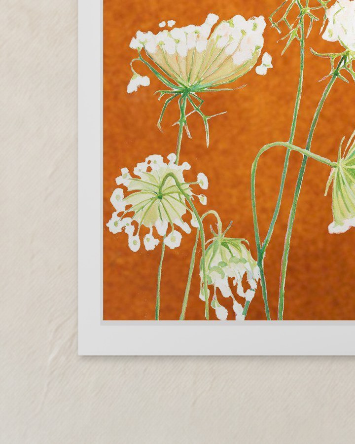 Corner of the unframed Queen Anne’s Lace on Rusty Orange print, showing its white border against the wall