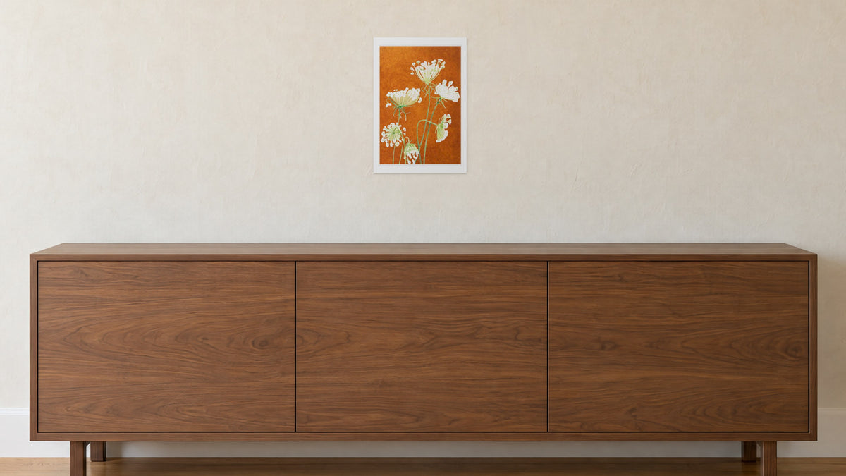 Unframed Queen Anne's Lace on Rusty Orange art print, 13 x 19 in size, on a creamy limewash wall above a walnut sideboard