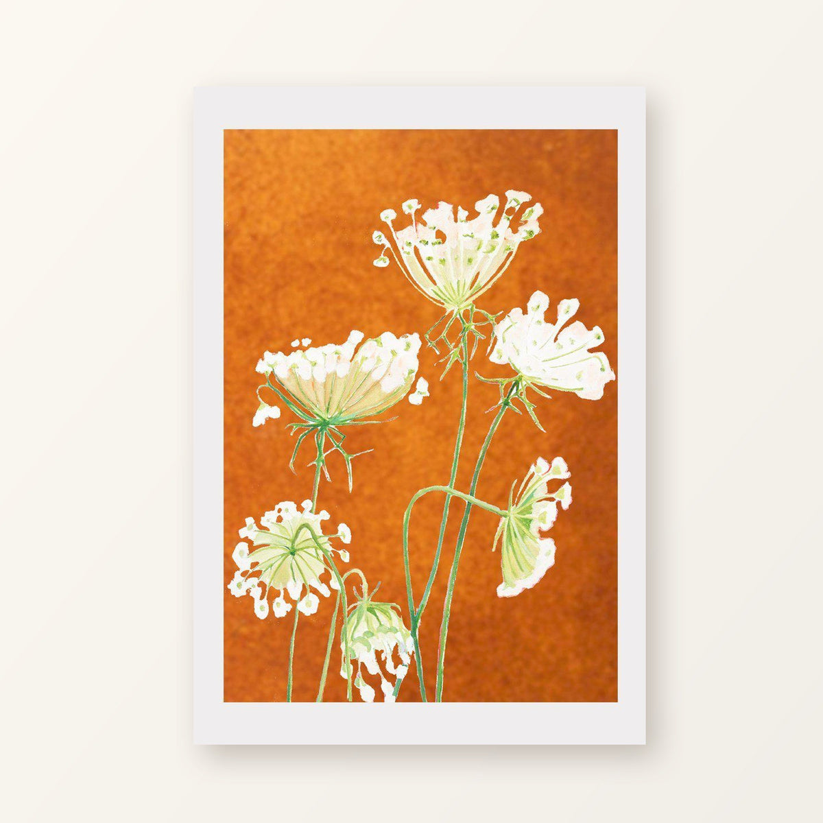 Queen Anne's Lace on Rusty Orange unframed art print with a white border, shown flat on a plain background