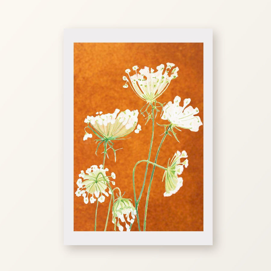 Queen Anne's Lace on Rusty Orange unframed art print with a white border, shown flat on a plain background
