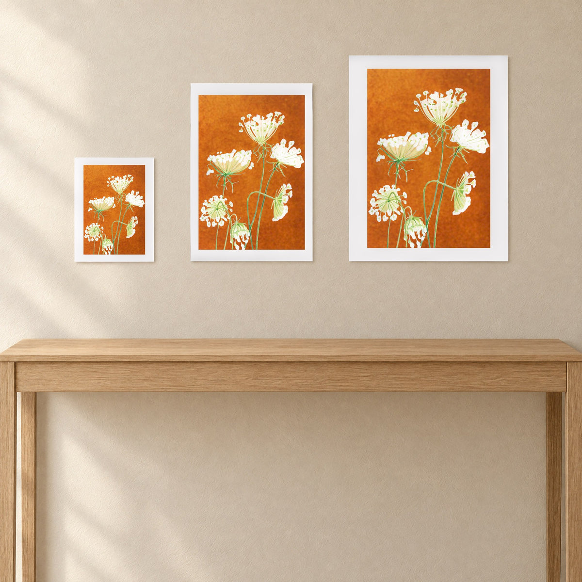 The three unframed print sizes side by side for scale: 8.5 × 11, 13 × 19 and 17 × 22 in; one print per order
