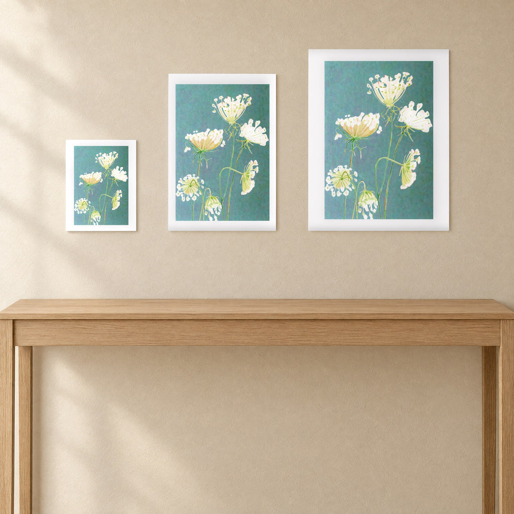 The three unframed print sizes side by side for scale: 8.5 × 11, 13 × 19 and 17 × 22 in; one print per order