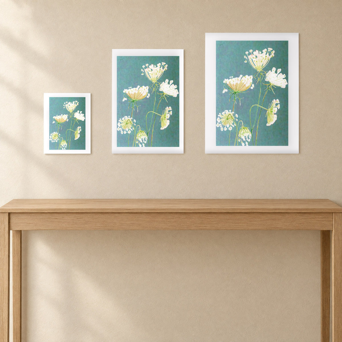 The three unframed print sizes side by side for scale: 8.5 × 11, 13 × 19 and 17 × 22 in; one print per order