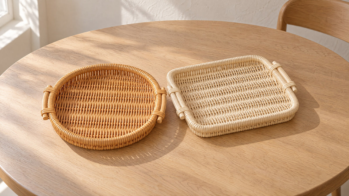Round honey and rectangular natural woven rattan trays, empty, on a round oak table in late-morning sun