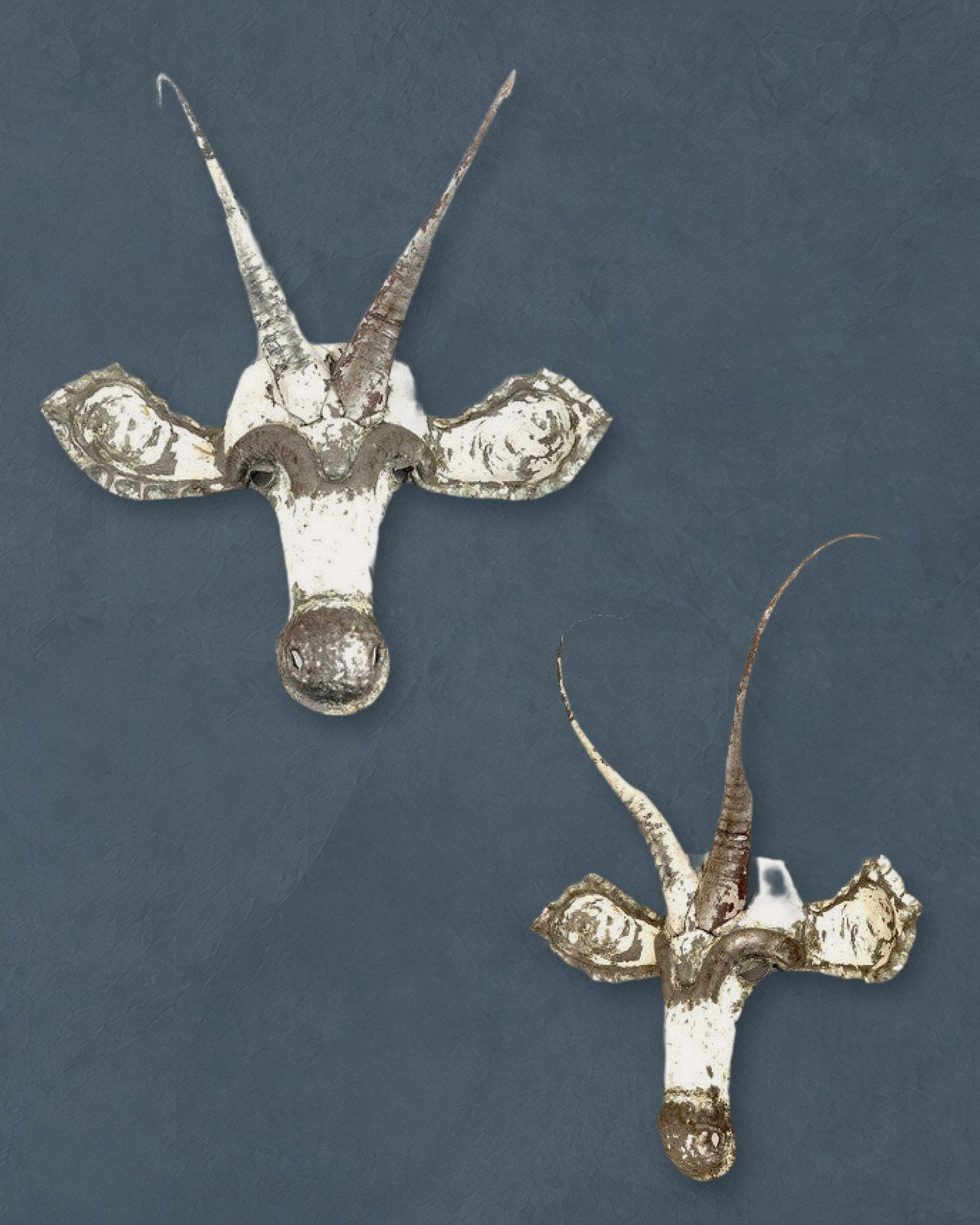 Two different Sable masks showing how color and horn shape vary from piece to piece