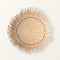 Sun Circle woven wall piece in natural straw with a brown stripe and a fringed edge, 36 in across