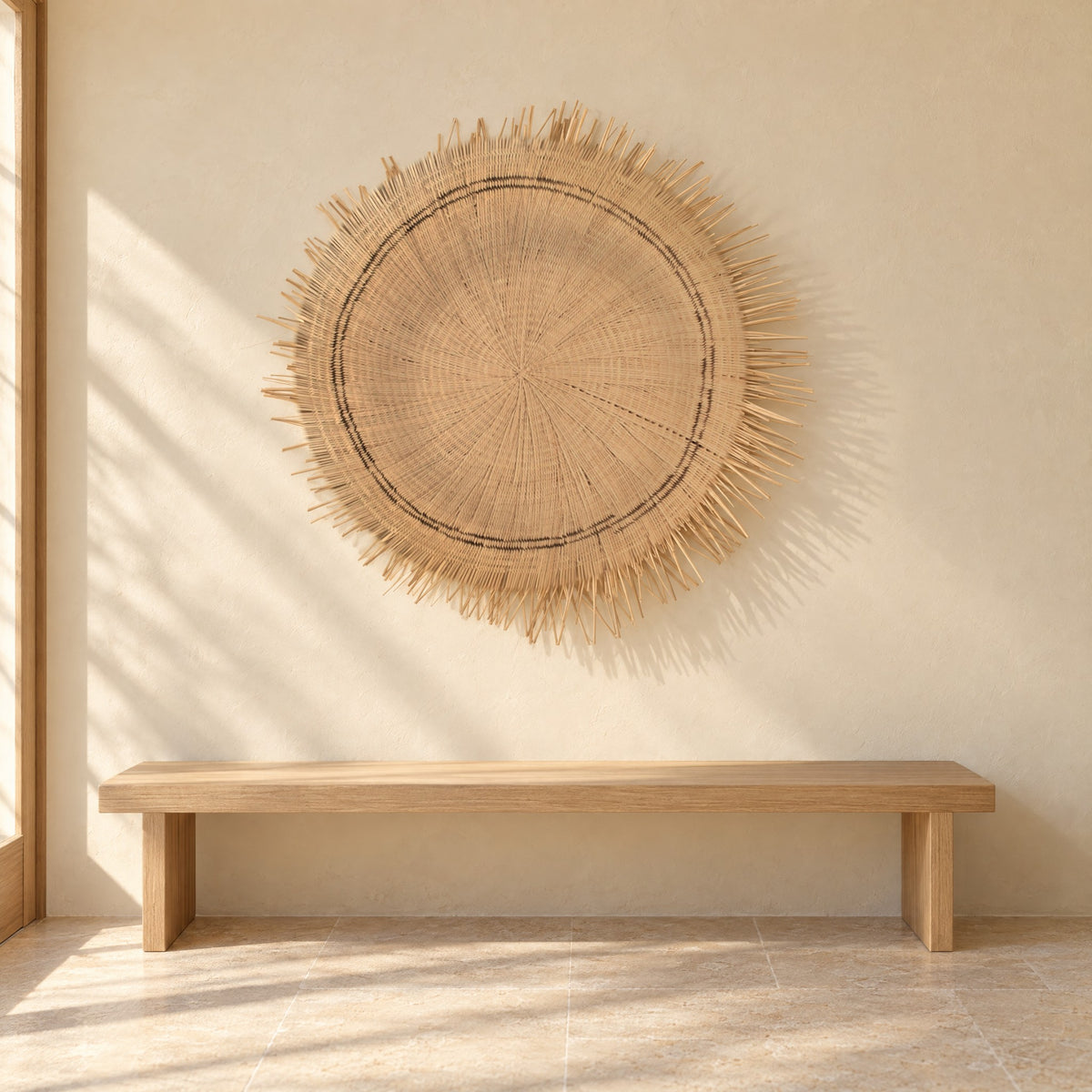 Sun Circle woven wall piece hung on a pale sand plaster wall above a low oak bench, in morning sun