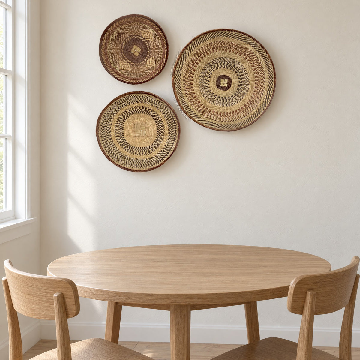 Tonga basket set of three hung on a warm white wall above a round oak dining table