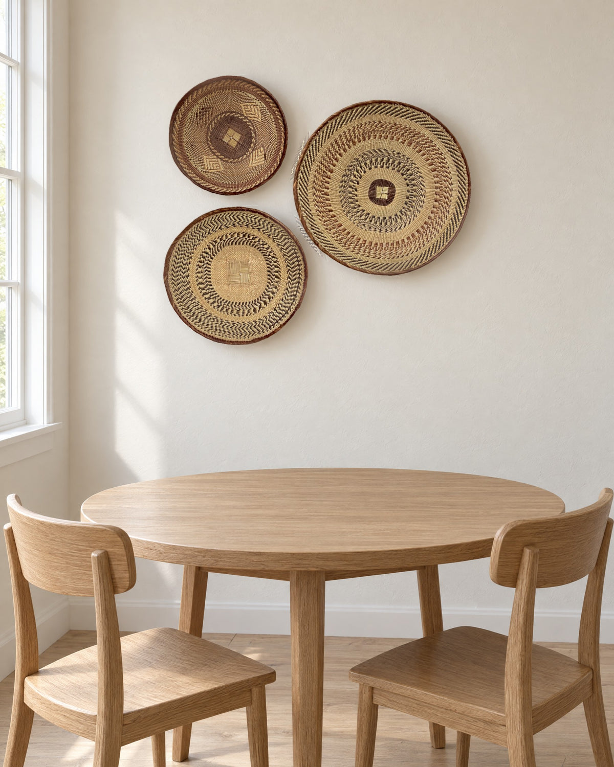 Tonga basket set of three hung on a warm white wall above a round oak dining table