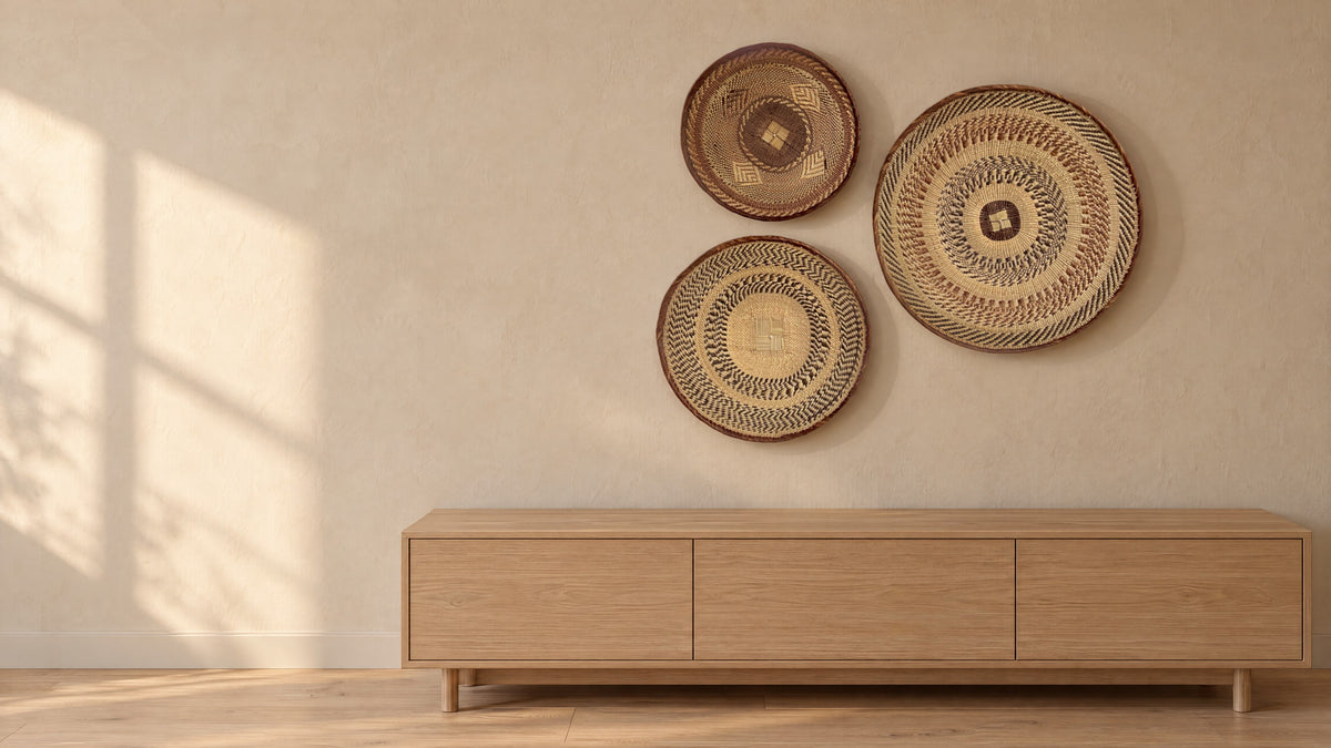 Three woven Tonga baskets hung on a warm clay plaster wall above a low oak sideboard, in late-afternoon sun