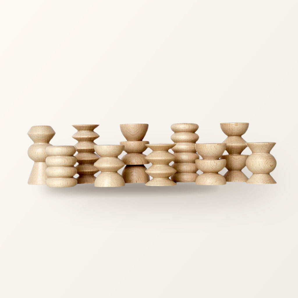 Totem Family: 10 turned beech picture and postcard stands, five tall and five short designs