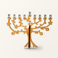 Tree of Life menorah in amber bamboo with nine nickel candle cups, the center cup raised